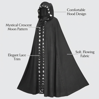 Hooded Cape Witch Cosplay Accessories, Halloween Cosplay Performance Cloak, Moon Phase Embroidery Hooded, Four-Way Stretch Stage Costume