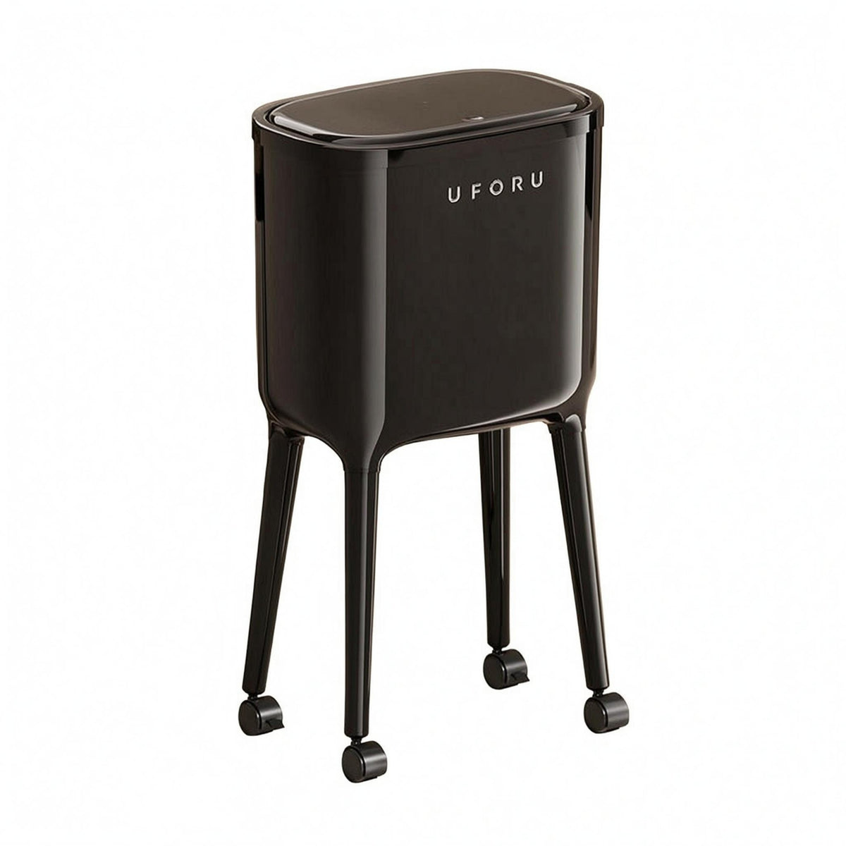 Glossy Black Double Trash Bin High-Legged Lidded Trash Bin Slim Legs Waste Container Rounded-Corner