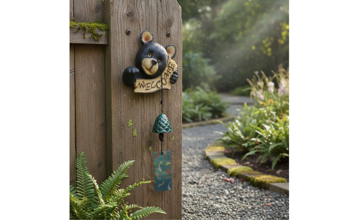 Weather Resistant Black Bear Wind Chime Detailed Design Bear Welcome Plaque Long-Lasting Material for Garden, Balcony, Front Door