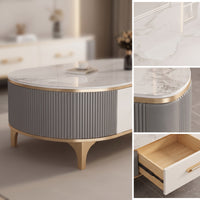 Oval-Shaped Coffee Table Table Modern Coffee Table with Storage Drawer Ribbed Furniture for Living Room, Apartment