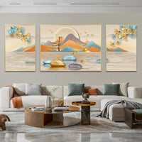 背靠金山三联画客厅装饰画沙发背景画简约挂画现代壁画山水墙画