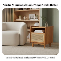 Solid Wood Legs Rattan Nightstand Minimalist Design Rattan-Front End Table with Lift-Top Storage Drawer Bedroom Furniture Small Space Friendly for Homeowners, Interior Decorators, Adults, Guest Room, Apartment, Office