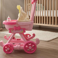 Textile Canopy Pink Doll Stroller Push Handle Pink Toy Stroller Front Tray Storage Platform for Children