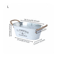 Brushed White Vintage Metal Flower Pot Sturdy Handles Galvanized Oval Planter Oval Metal Planter