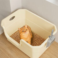 Cat Toilet and Sand Basin with Mat, Semi-Enclosed Structure Litter Tray, PP Material Potty for Large Indoor Cat, Easy Clean Anti Spillage Design