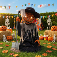 Pumpkin Scarecrow Electric Scarecrow with Light-up Halloween Prop for Yard, Porch