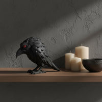 Raven Statue Illuminated-Red Eyes Ebony Raven Sculpture Hand-Painted Decorative Piece Piece for Shelf, Desk