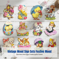 Easter Wooden Hanging Decoration, Vintage Girl, Bunny, Chick, Oval, Home Decor