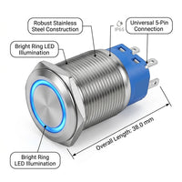 22mm Waterproof Metal Push Button Switch with LED circle Light, Stainless Steel Panel Mount for Electrical Equipment and Machinery
