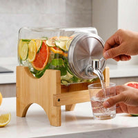 Water Dispenser with Tap and Wood Stand, Rectangular Water Jug for Cold Brew, Large Capacity Drink Dispenser for Iced Tea and Cold Drinks