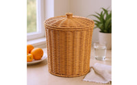 Fitted Lid Lidded Storage Basket Cylindrical Round Rattan Basket Natural Tan Home Organizer Loop Knob