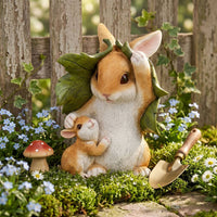 Hare Statue with Leaf Motif Hand-Painted Family Bunny Decorations Charming Hare Garden Statue for Nature Lovers, Patio