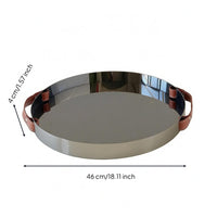 Leather Handled Tray Stainless Steel Mirrored Tray Shallow Rim Serving Platter for Tabletop Display