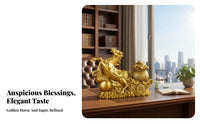 Success Symbol Golden Horse Pulling Wealth Cart Ideal Gift Feng Shui Wealth Horse Figurine Exquisite Workmanship for Business Owners, Office