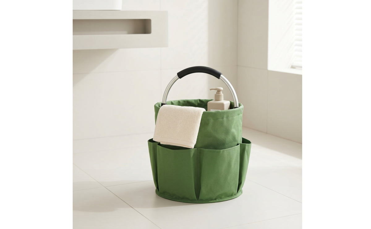 Portable Oxford Cloth Basket with Handle Multi-Pocket Collapsible Basket with Pockets Long-Lasting Utility Tote with Exterior Pockets Lightweight for Camping, Picnic, Beach, Bathroom