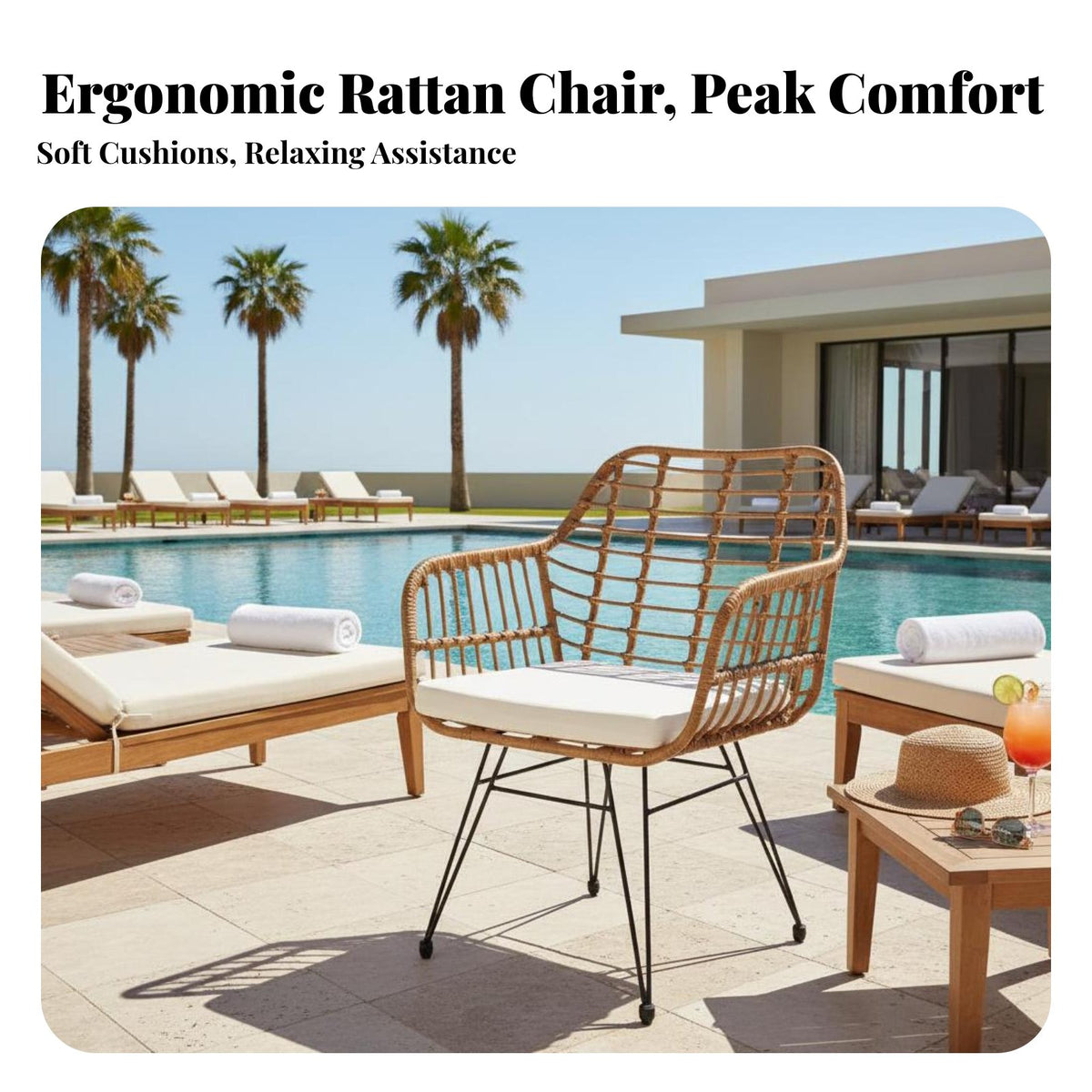 4 Pieces Woven Armchair and Table Set Strengthened Glass Tabletop 3-Piece Wicker Seating Group Weather-Resistant Outdoor Furniture for Balcony, Garden