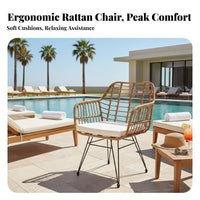 4 Pieces Woven Armchair and Table Set Strengthened Glass Tabletop 3-Piece Wicker Seating Group Weather-Resistant Outdoor Furniture for Balcony, Garden
