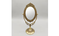 Vintage Brass Mirror with Pedestal Base Ornate Oval Vanity Mirror with Stand Gold-Toned Adjustable for Dressing Table, Bedroom
