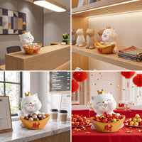 Cute Cat Candy Bowl Smiling Cat Figurine with Tray Decorative Dish Auspicious for Homeowners, Entryway, Living Room, Reception Desk