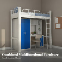Student Dormitory Bed Space Saving Loft Bed with Desk and Wardrobe Full-Length Guardrails Bedroom Furniture for Students, Dorm Room, Small Apartment