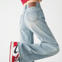 Women's Jeans High Waisted with Embroidered Details, Non Stretch Thick Denim Trousers for Casual and Travel Outfits, Wide Leg