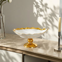 Scalloped Ceramic Fruit Bowl with Pedestal Shallow Footed Bowl Wide Decorative for Tabletop, Dining Table