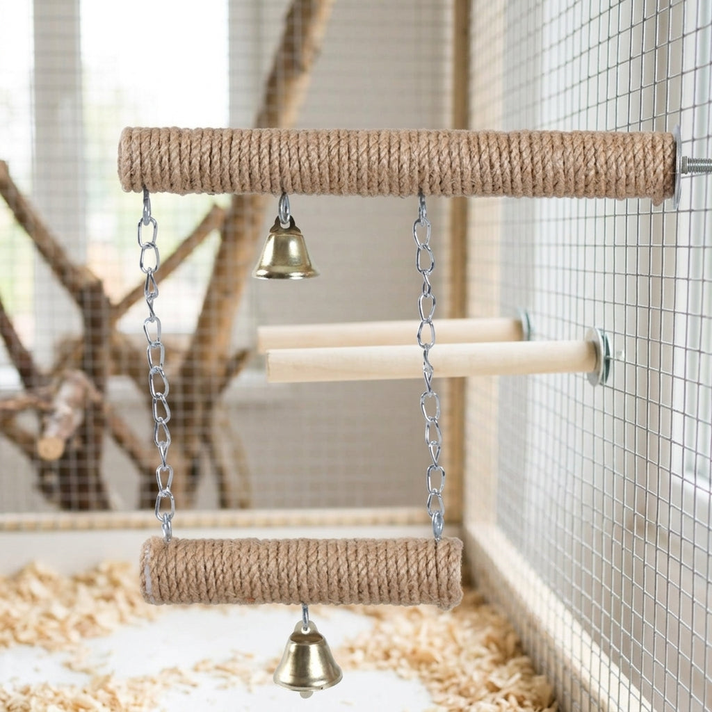 Parrot Swing and Bird Perch with Climbing Rope and Wood Bar, Bird Swing and Parrot Perch for Cockatiel, Budgie, and Lovebird Toys