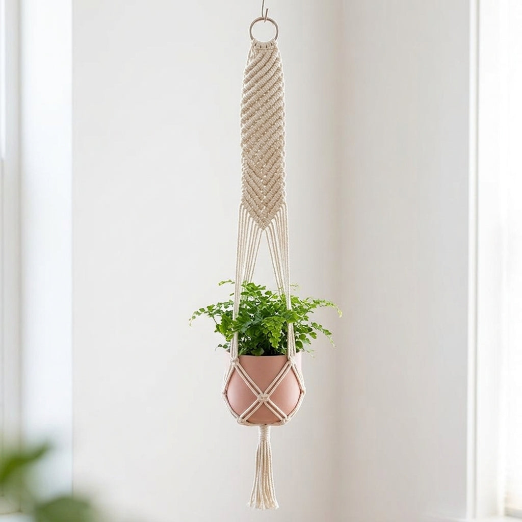 Macrame Hanging Planter, Cotton Rope, Hanging, For Houseplants, Natural Interior, White