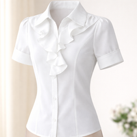 Professional Blouse for Women with Ruffle Pleated Details and Tailored Design, Short Sleeve Work Shirt for Office, Extended Sizes up to 5XL