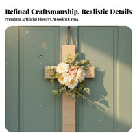 Artificial Flowers Easter Cross Wreath Ready to Hang Floral Cross Wall Decor Rustic Design for Christians, Outdoor, Church