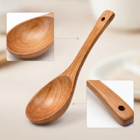 Natural Wood Wooden Soup Spoon with Hanging Hole Deep Bowl Long-Handled Spoon Smooth Polished Kitchen Utensil for Ramen, Hot Pot