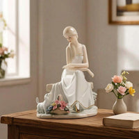 Sitting Woman and Dog Figurine Glossy Tabletop Ornament Decorative for TV Stand