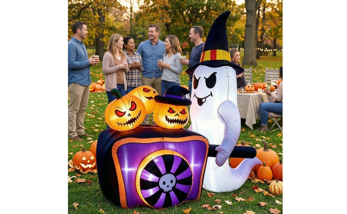 Bright Ghost Inflatable with Pumpkin Carriage Freestanding Halloween Inflatable with Witch Hat Festive Yard Decoration Cute for Lawn