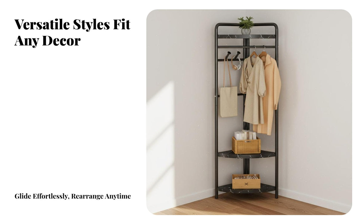 Space-Saving Corner Clothing Rack Modern Design Corner Coat Rack Easy Assembly Freestanding Hall Tree Multifunctional for Apartment Dwellers, Homeowners, Bedroom, Small Areas, Entryway, Dorm Room