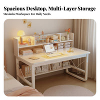 Simple Study Desk Large Desktop Student Desk with Storage Shelves Rounded Corners Computer Workstation with Bookshelf for Children, Students, Bedroom