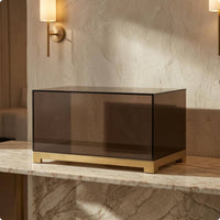 Acrylic Display Box Transparent Brown Collectible Showcase Gold-Metal Base Storage Item