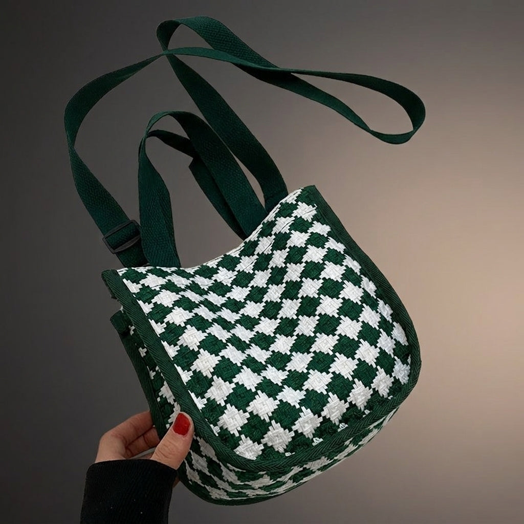 Travel Bag and Shoulder Bag for Summer Holiday, Argyle Check Canvas Bucket Bag, Crossbody Bags for Women and Men, Small Phone Bags for Women