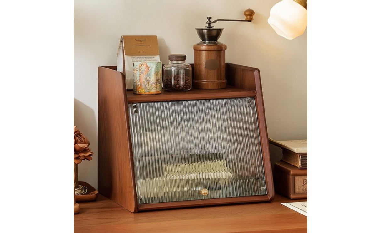 Cabinet with Flip-up Wooden Front-Finish Tabletop Cabinet Compact Countertop Organizer for Kitchen Counter, Tea Serving Station, Coffee Bar