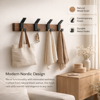 Black Walnut Wood Wall Mounted Coat Rack with 5 Hooks, Solid Wood Hat Hook for Entryway, Hook for Apartment Living, Nursery Wall Decor