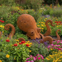 Metal Squid Sculpture Rust Patina Squid Sculpture Steel Garden Statue Marine Yard Art Stake Coastal for Gardeners, Flower Bed