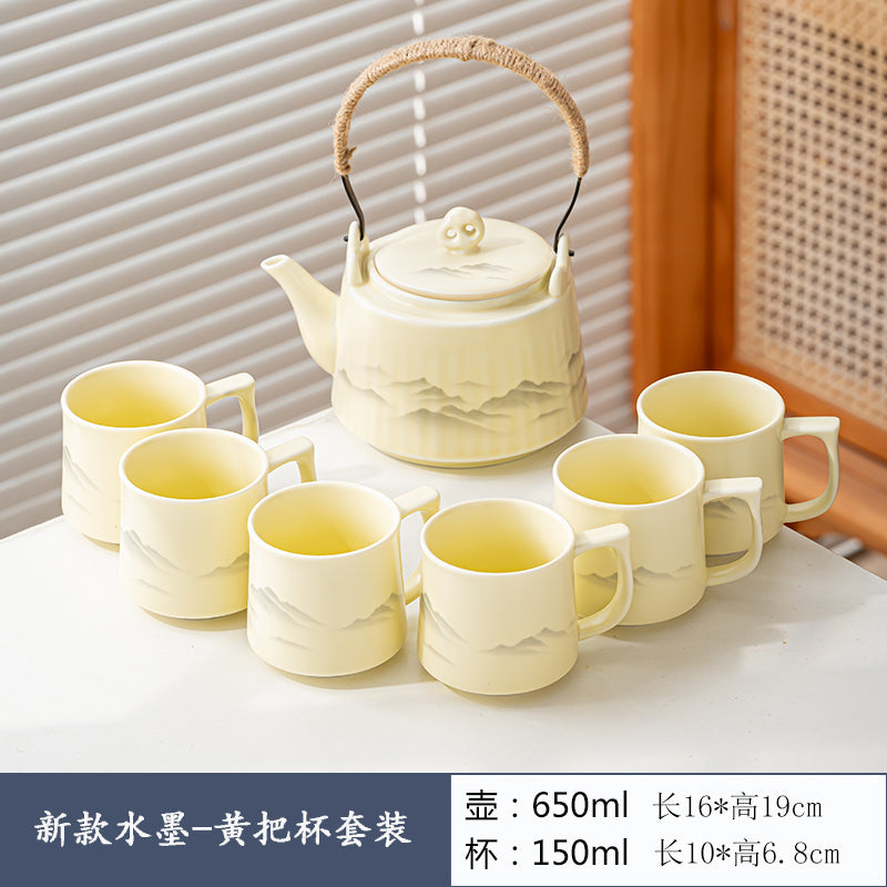 新款白瓷提梁壶功夫茶具套装陶瓷家用简约水墨防烫把耳杯茶壶整套