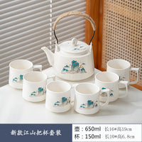 新款白瓷提梁壶功夫茶具套装陶瓷家用简约水墨防烫把耳杯茶壶整套