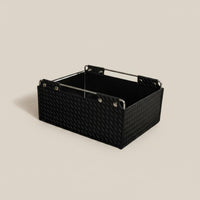 Woven Leather Basket Metal Corner Rods Rectangular Storage Basket Black Interior