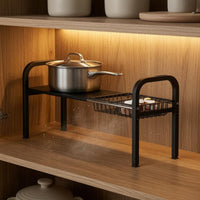 Telescoping Freestanding Sink Shelf Rack Matte Black Wire Basket Sink Organizer Open Design Adjustable Cabinet Shelf