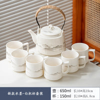 新款白瓷提梁壶功夫茶具套装陶瓷家用简约水墨防烫把耳杯茶壶整套