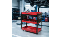 Stable Three-Tier Tool Cart with Drawer Customizable Mobile Service Cart with Pegboard Secure Rolling Workshop Organizer Vertical for DIY Enthusiasts, Repair Station