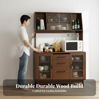 Wooden Buffet Cabinet Modern Simple Design Dining Room Sideboard with Glass Doors Multi-Functional Standing Tea Cabinet for Renters, Home, Hallway