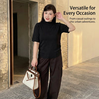 Knit Top for Women with Mock Neck and Ruched Detail, Short Sleeve Sweater in Viscose Blend for Spring Wear, Ribbed Texture Pullover Knitwear