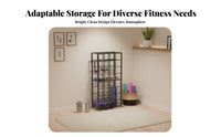 Space Saving Exercise Mat Storage Rack Multifunctional Multi-Tier Gym Mat Organizer Large Capacity Rolling Foam Roller Holder Sturdy Metal Frame