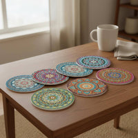8 Pieces Mandala Wooden Coaster Set Table Protection Mandala Pattern Drink Coasters Heat-Resistant Wooden Beverage Coasters for Office Desk
